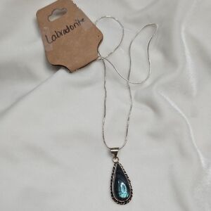 Flashy Labradorite Teardrop Shape Natural Gemstone Pendant Necklace Silver Chain